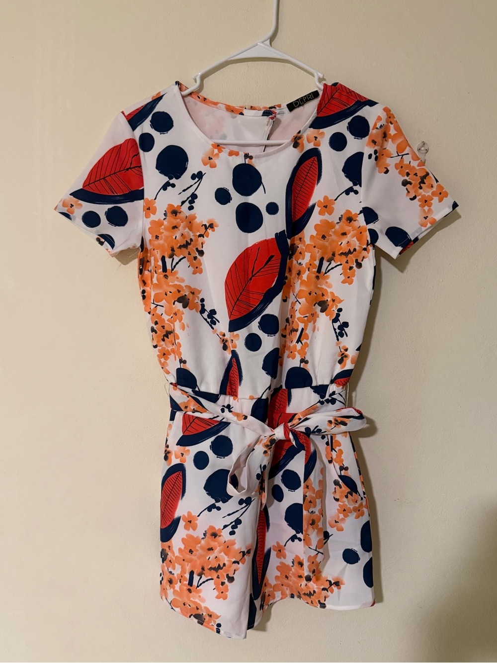 Floral Tie-Waist Romper in White with Orange & Navy